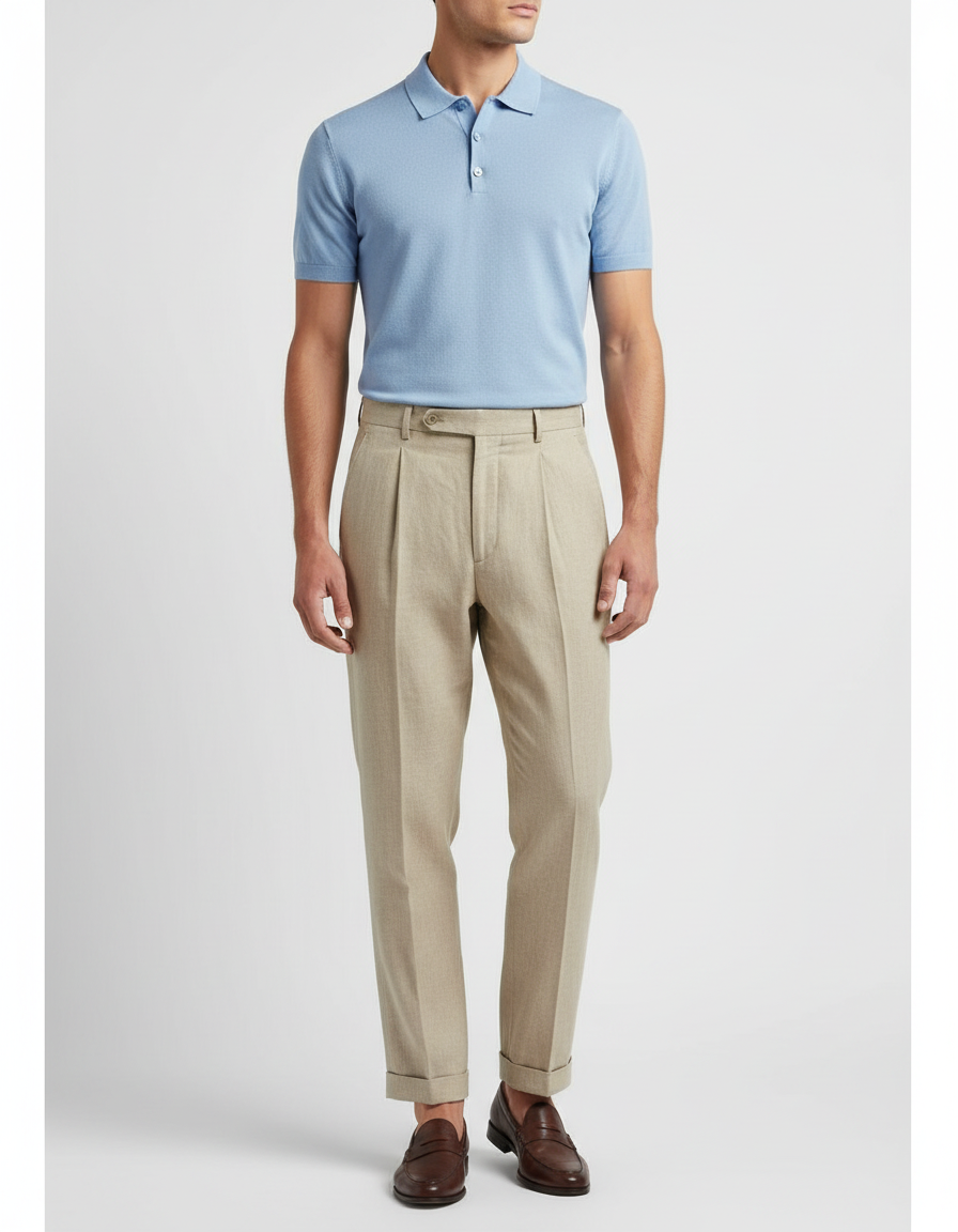 Pantalon À Pince Beige Lin Plissé Droit Léger