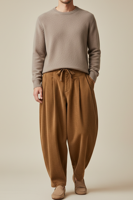 Pantalon À Pince Velours Côtelé Marron Harem Épais Homme - Cordé