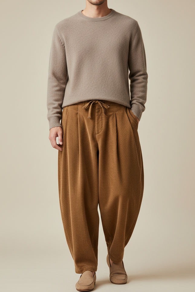 Pantalon À Pince Velours Côtelé Marron Harem Épais Homme - Cordé