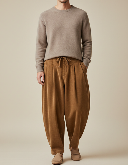 Pantalon À Pince Velours Côtelé Marron Harem Épais Homme - Cordé