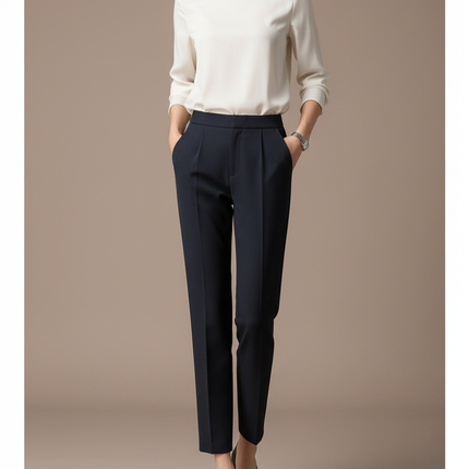 Pantalon À Pince Bleu Marine Droit Évasé Élégant Femme - Gabardine