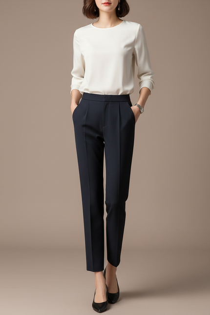 Pantalon À Pince Bleu Marine Droit Évasé Élégant Femme - Gabardine