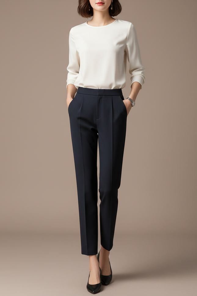 Pantalon À Pince Bleu Marine Droit Évasé Élégant Femme - Gabardine