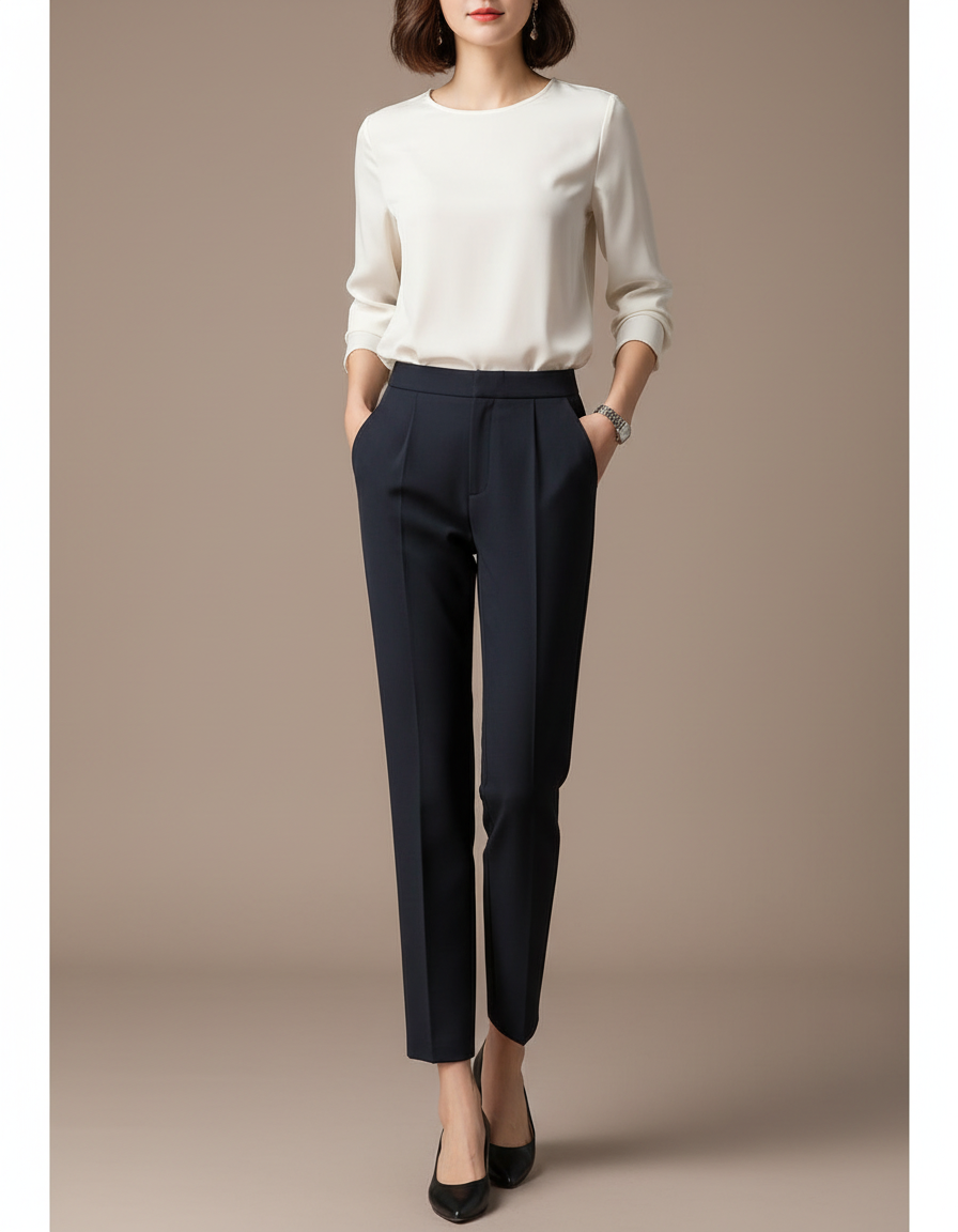 Pantalon À Pince Bleu Marine Droit Évasé Élégant Femme - Gabardine