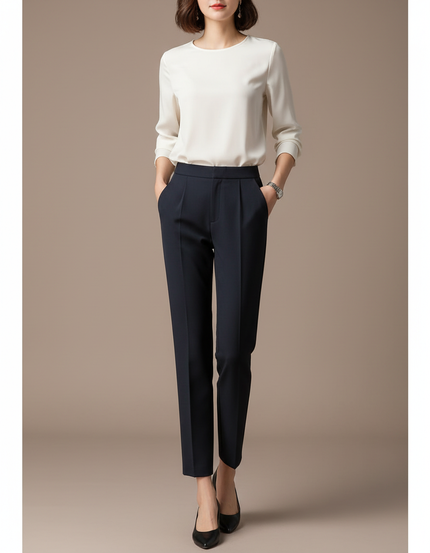 Pantalon À Pince Bleu Marine Droit Évasé Élégant Femme - Gabardine