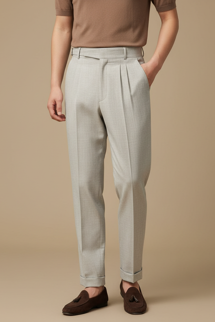 Pantalon À Pince Gris Clair Plissé Ajustable Élégant Décontracté - Gabardine
