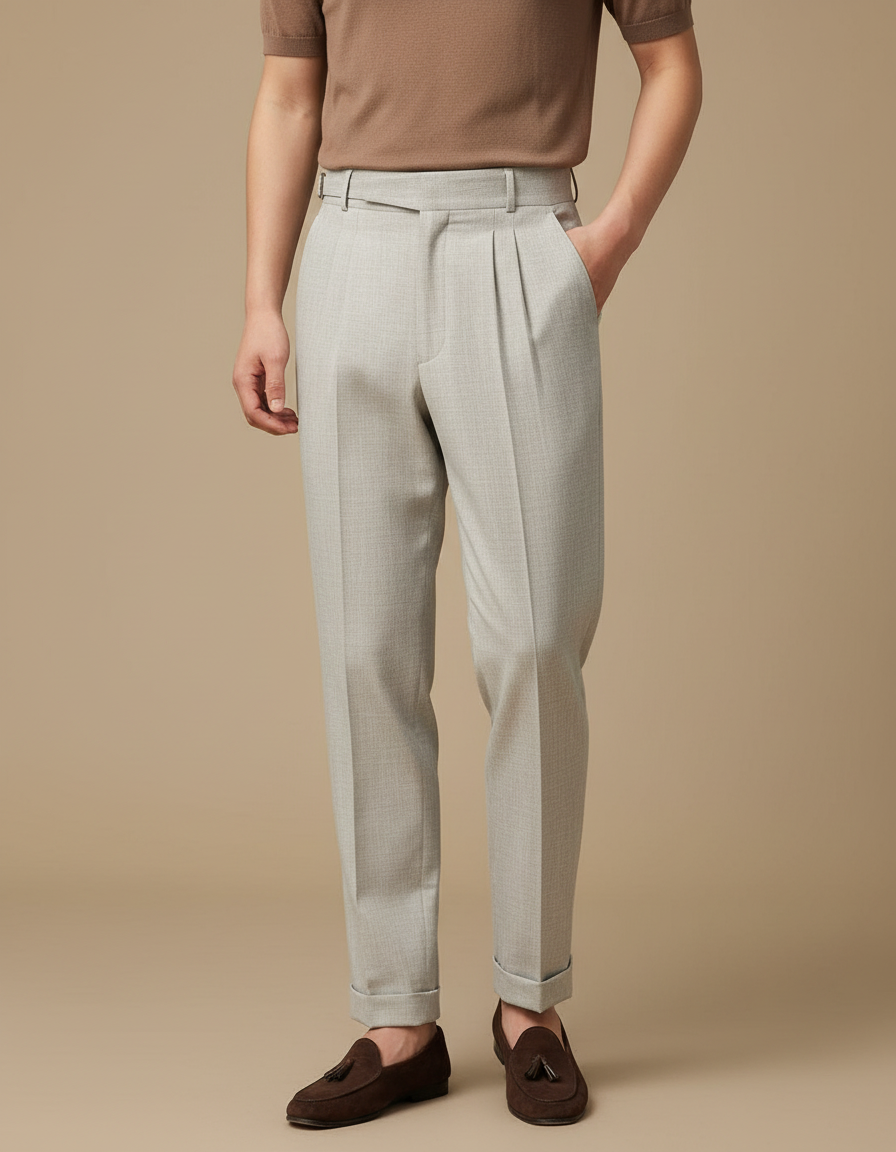 Pantalon À Pince Gris Clair Plissé Ajustable Élégant Décontracté - Gabardine