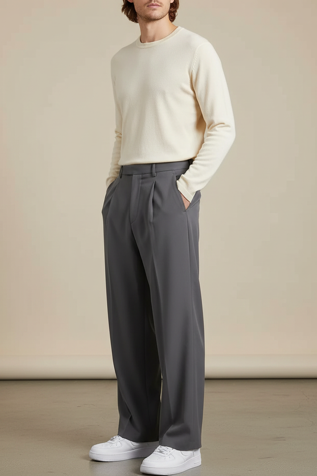 Pantalon À Pince Gris Ample Plissé Décontracté Homme - Polyester