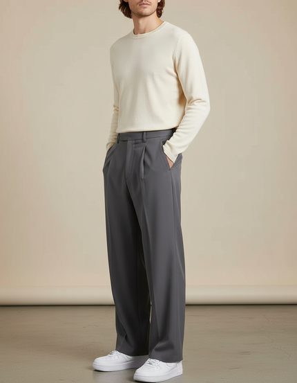 Pantalon À Pince Gris Ample Plissé Décontracté Homme - Polyester