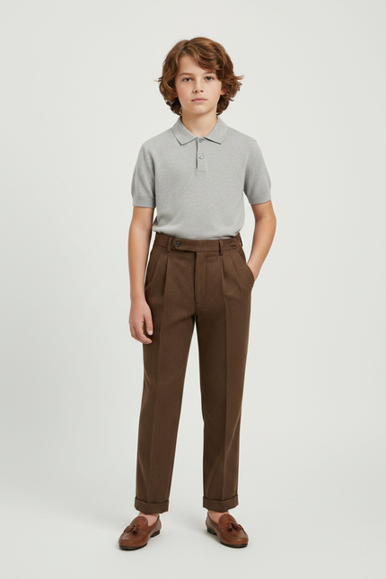 Pantalon À Pince Marron Tissé Droit Élégant Classique - Tweed
