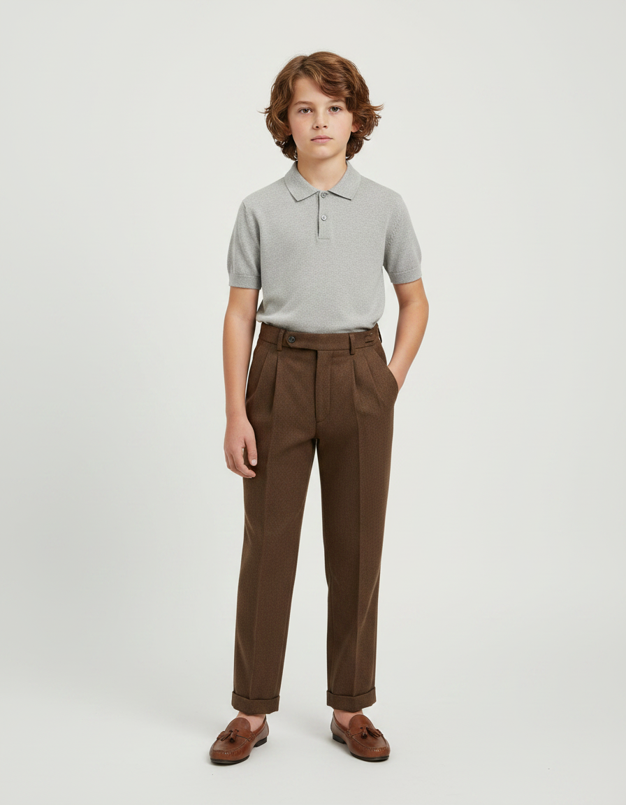 Pantalon À Pince Marron Tissé Droit Élégant Classique - Tweed
