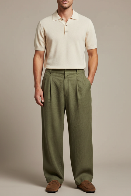 Pantalon Lin À Pince Homme - Kaki