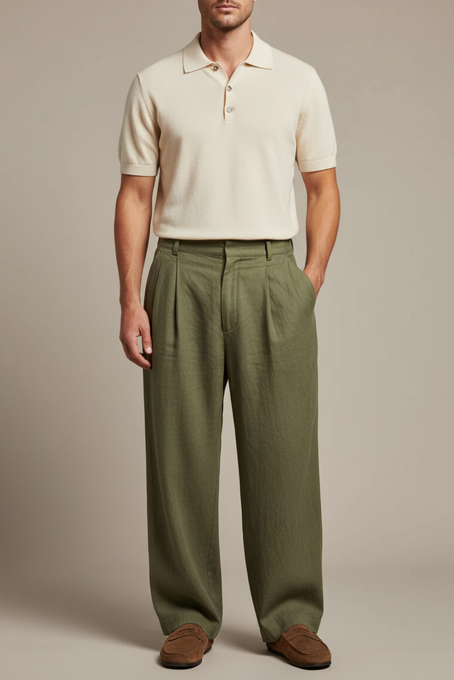 Pantalon Lin À Pince Homme - Kaki