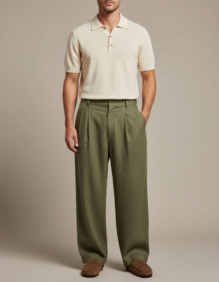 Pantalon Lin À Pince Homme - Kaki