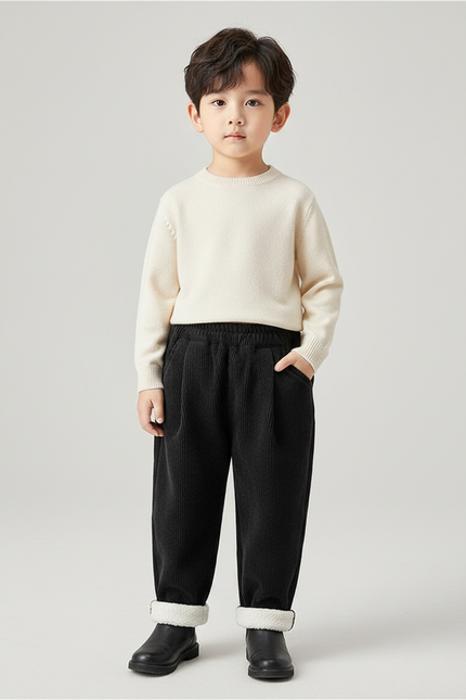 Pantalon À Pince Noir Côtelé Doublé Chaud Enfant - Cordé