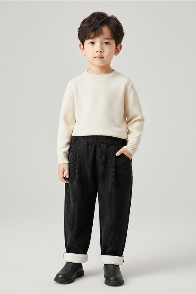Pantalon À Pince Noir Côtelé Doublé Chaud Enfant - Cordé