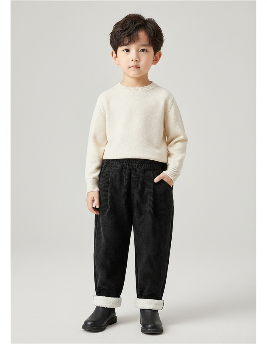 Pantalon À Pince Noir Côtelé Doublé Chaud Enfant - Cordé