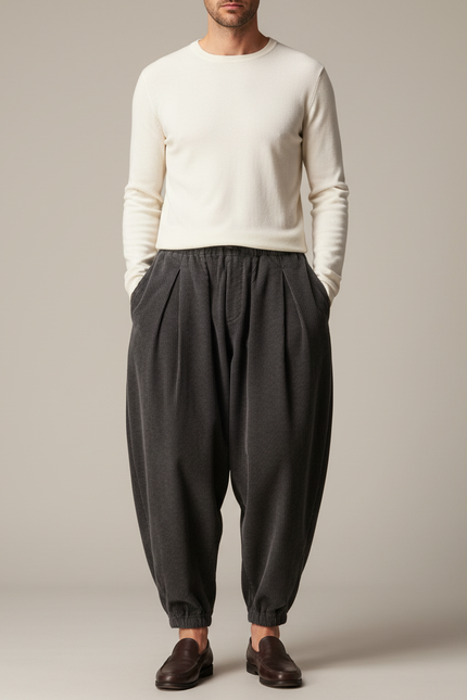 Pantalon À Pince Gris Côtelé Ample Décontracté Homme - Cordé