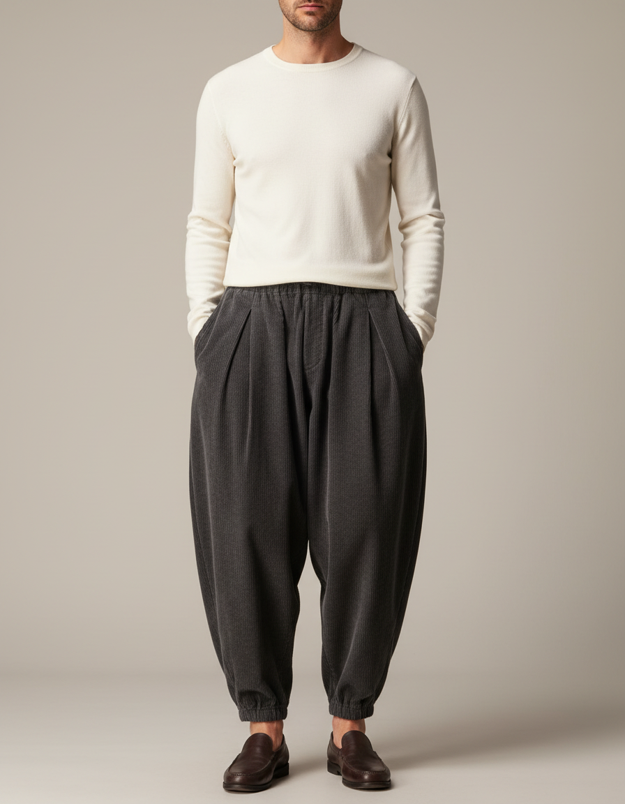 Pantalon À Pince Gris Côtelé Ample Décontracté Homme - Cordé