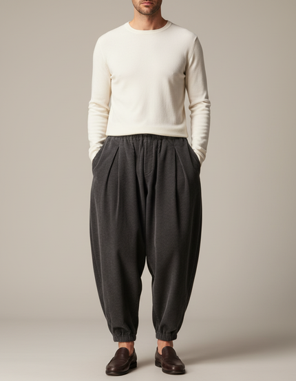 Pantalon À Pince Gris Côtelé Ample Décontracté Homme - Cordé