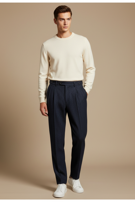 Pantalon À Pince Bleu Marine Laine Plissé Droit Élégant Homme