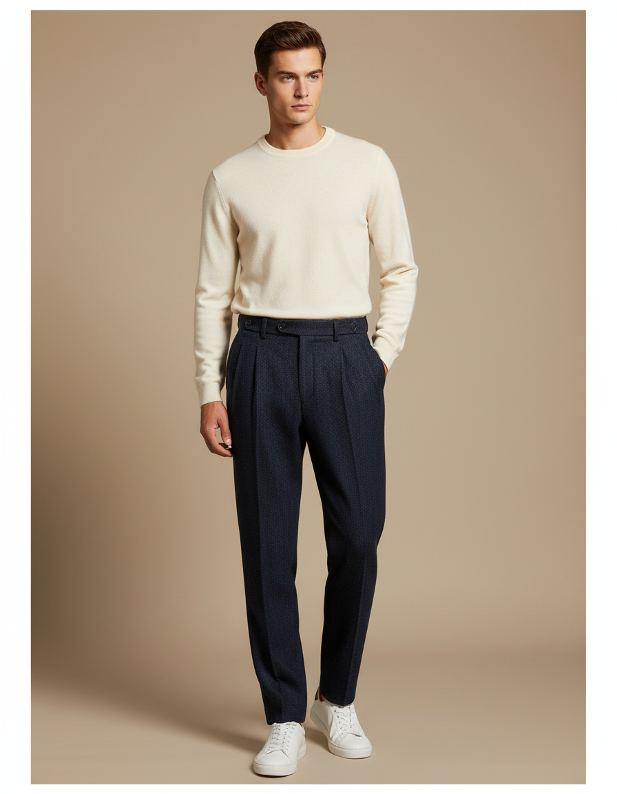 Pantalon À Pince Bleu Marine Laine Plissé Droit Élégant Homme