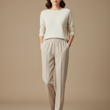 Pantalon À Pince Beige Élastique Fluide Droit Femme - Polyester