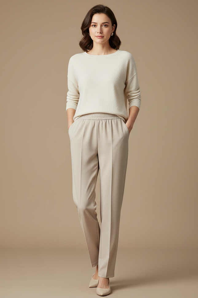 Pantalon À Pince Beige Élastique Fluide Droit Femme - Polyester