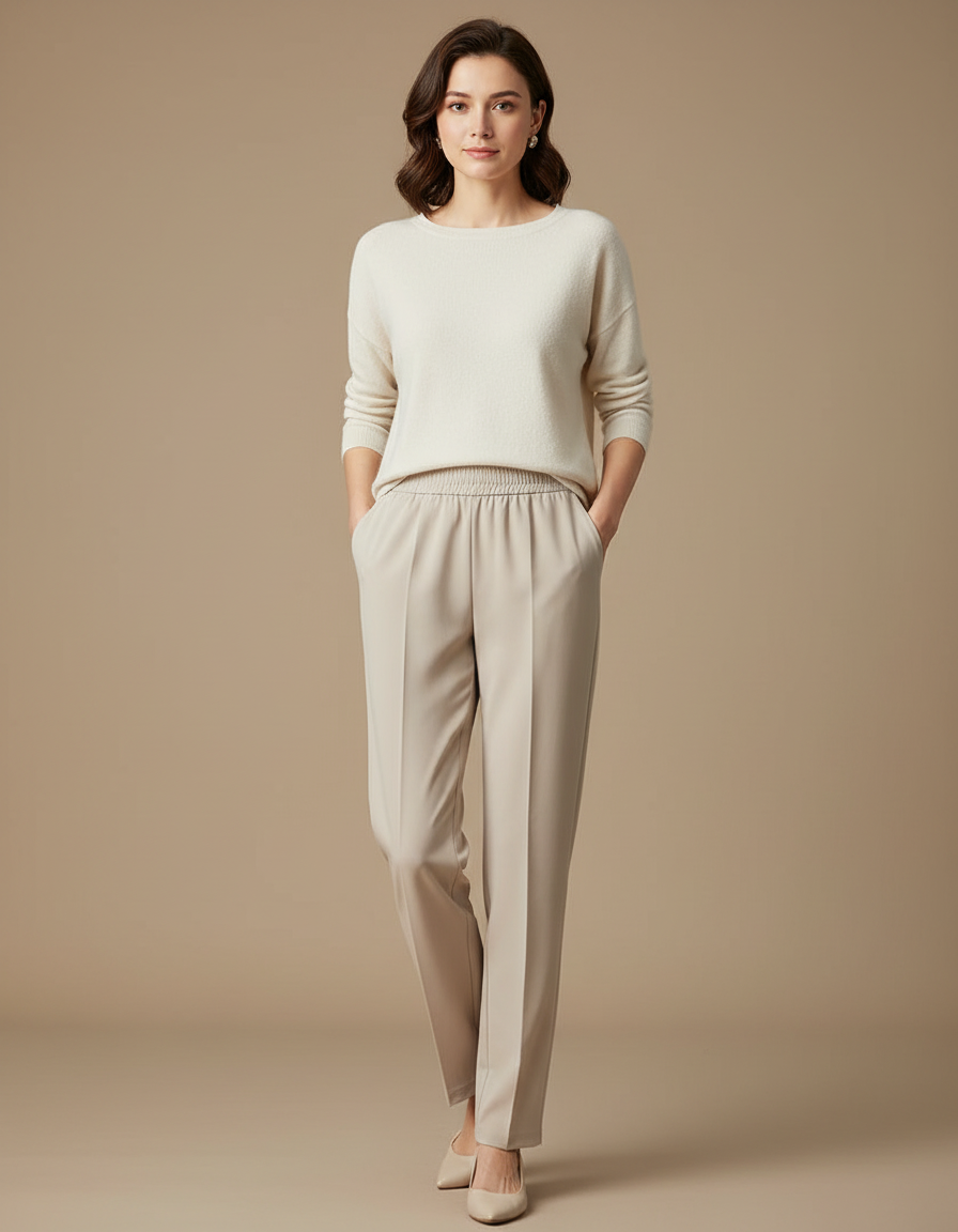 Pantalon À Pince Beige Élastique Fluide Droit Femme - Polyester