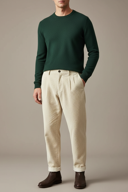 Pantalon À Pince Crème Côtelé Plissé Décontracté Homme - Beige Cordé