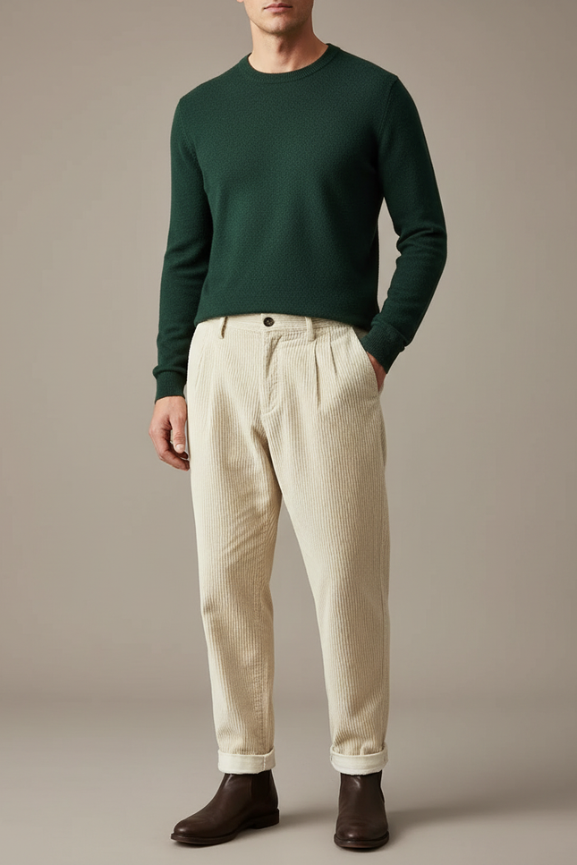 Pantalon À Pince Crème Côtelé Plissé Décontracté Homme - Beige Cordé