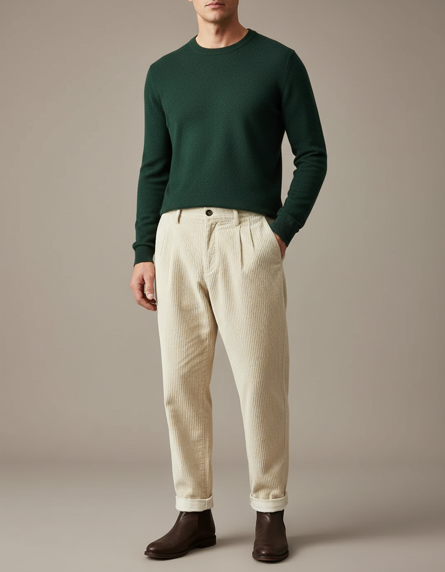 Pantalon À Pince Crème Côtelé Plissé Décontracté Homme - Beige Cordé