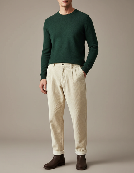 Pantalon À Pince Crème Côtelé Plissé Décontracté Homme - Beige Cordé