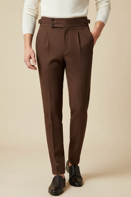 Pantalon À Pince Marron Tissé Slim Élégant Homme - Laine
