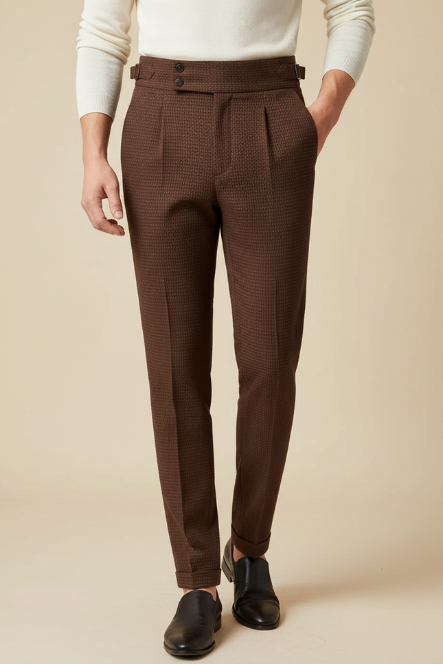 Pantalon À Pince Marron Tissé Slim Élégant Homme - Laine