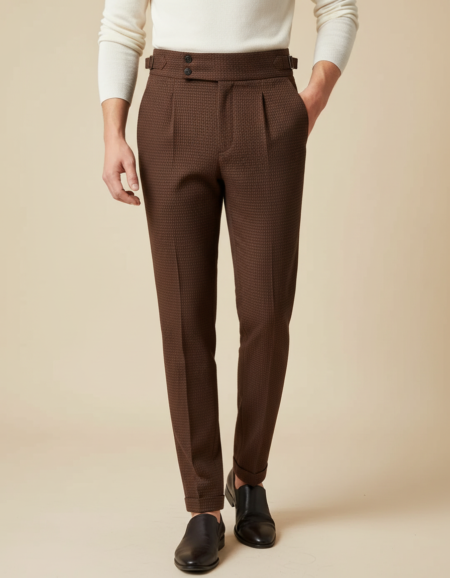 Pantalon À Pince Marron Tissé Slim Élégant Homme - Laine