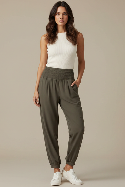 Pantalon À Pince Kaki Taille Haute Côtelé Fuselé Femme - Polyester