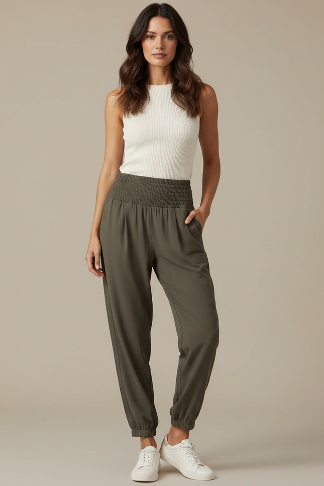 Pantalon À Pince Kaki Taille Haute Côtelé Fuselé Femme - Polyester