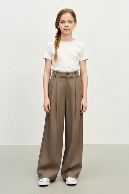Pantalon À Pince Marron Droit Ample Plissé Décontracté - Gabardine