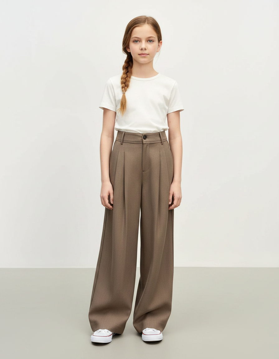 Pantalon À Pince Marron Droit Ample Plissé Décontracté - Gabardine
