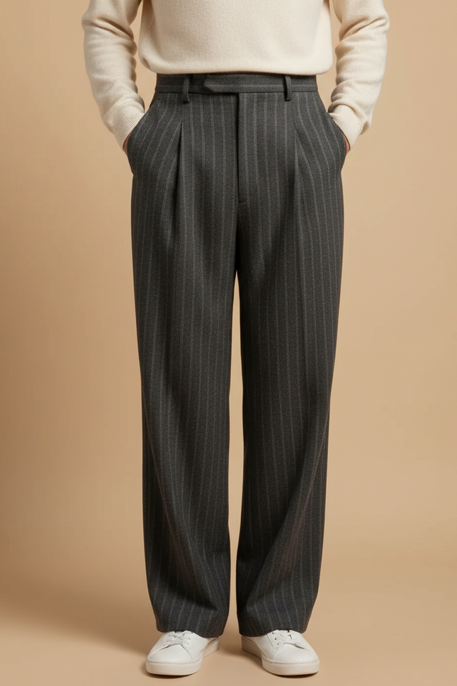 Pantalon À Pince Gris Rayé Plissé Large Élégant Homme - Laine