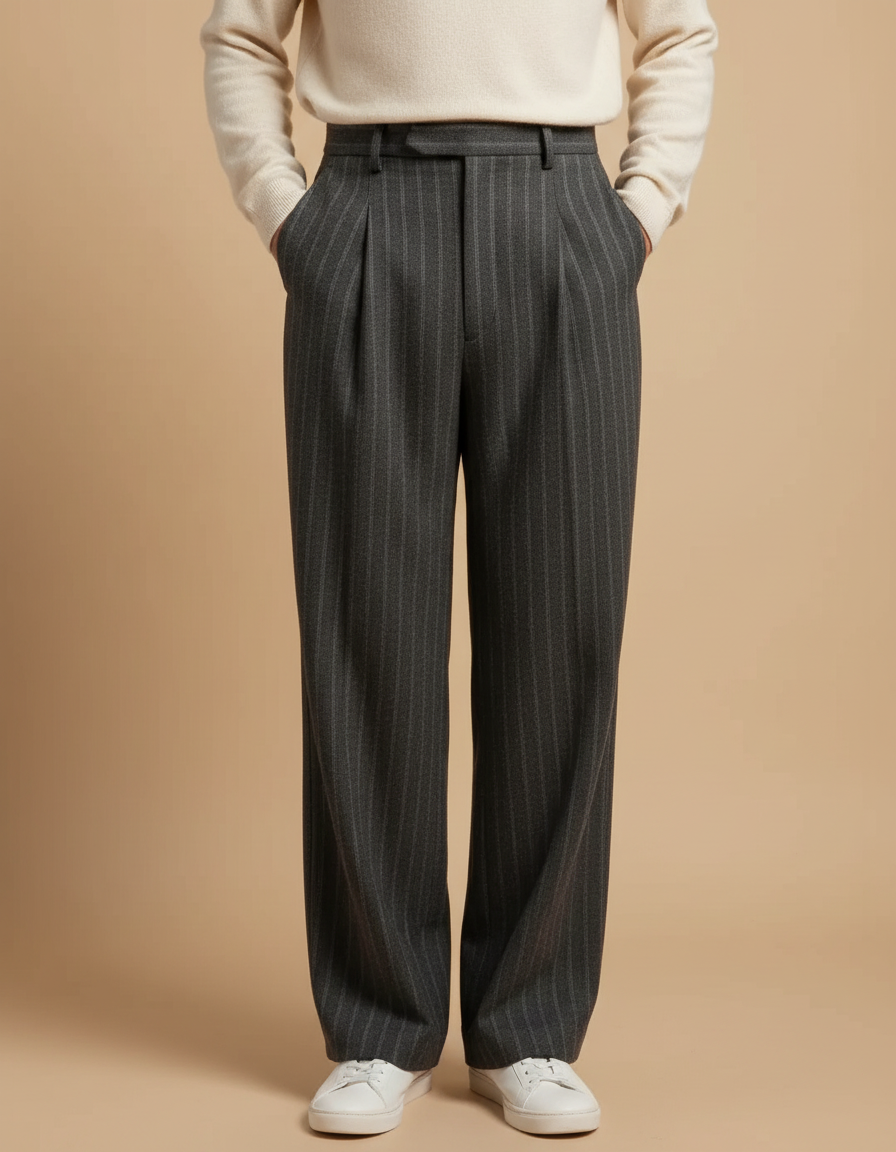 Pantalon À Pince Gris Rayé Plissé Large Élégant Homme - Laine
