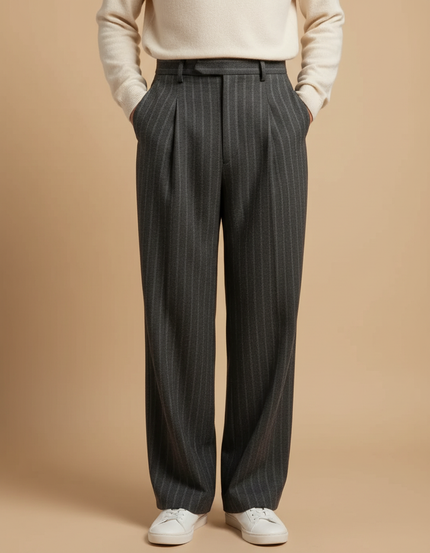 Pantalon À Pince Gris Rayé Plissé Large Élégant Homme - Laine
