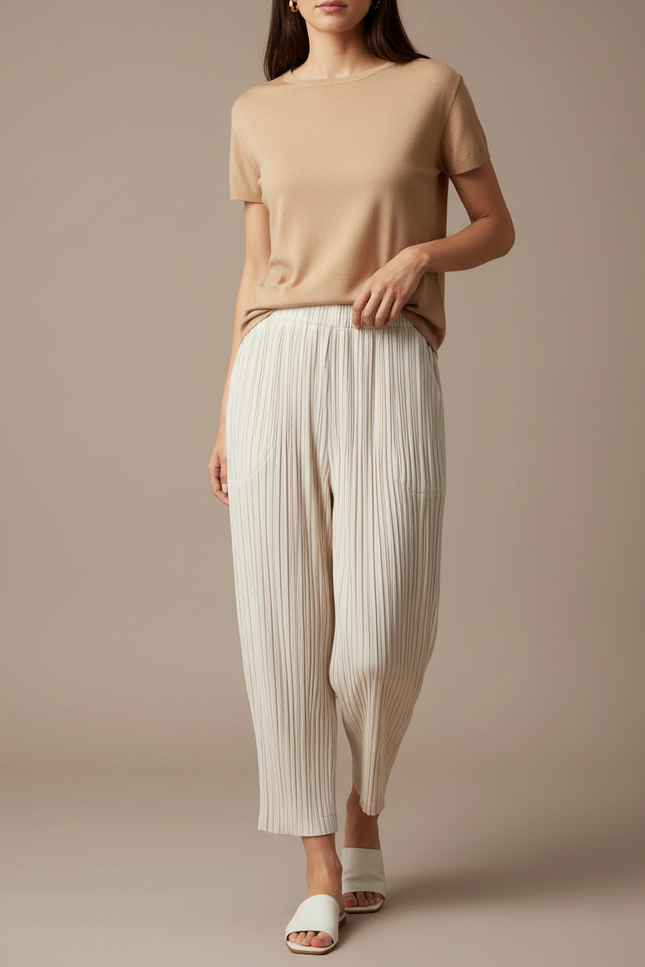 Pantalon À Pince Plissé Beige Ample Fluide Confortable - Polyester