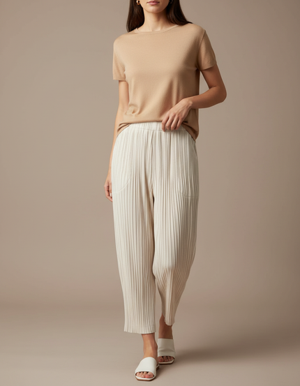 Pantalon À Pince Plissé Beige Ample Fluide Confortable - Polyester