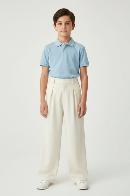 Pantalon À Pince Crème Ample Plissé Décontracté - Beige Polyester