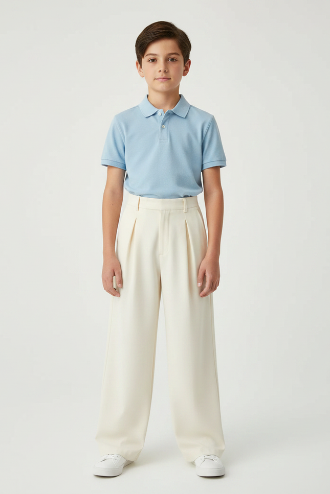 Pantalon À Pince Crème Ample Plissé Décontracté - Beige Polyester