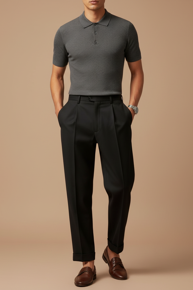 Pantalon À Pince Noir Plissé Élégant Droit Homme - Gabardine