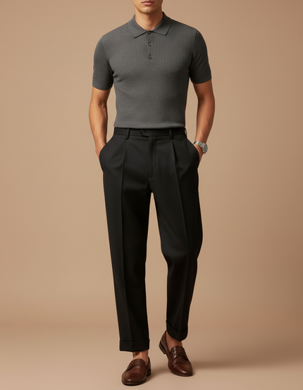 Pantalon À Pince Noir Plissé Élégant Droit Homme - Gabardine