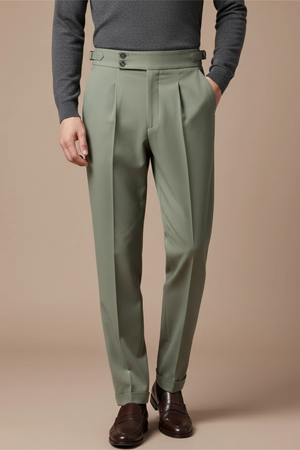 Pantalon À Pince Vert Olive Plissé Drapé Élégant Homme - Gabardine